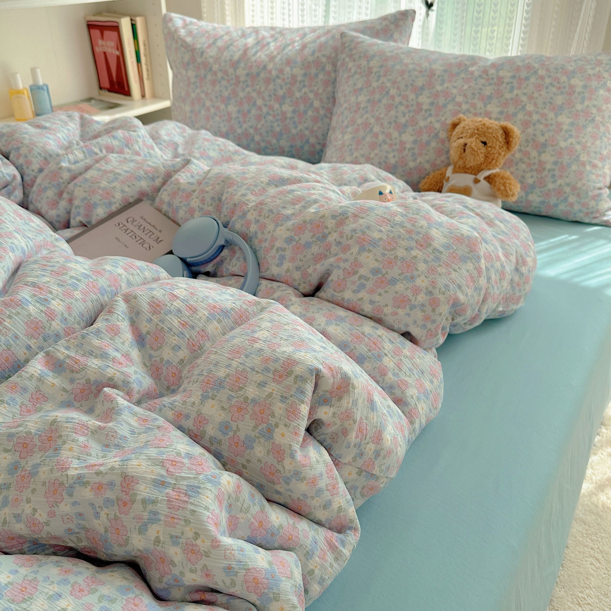 91家纺网 家纺一手货源 找家纺 金梦拉家纺 2025新款加厚皱皱纱婴儿纱四件套 薄雾山茶-兰