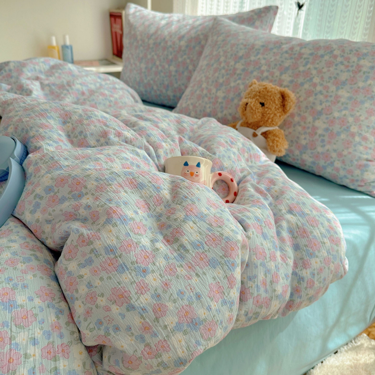 91家纺网 家纺一手货源 找家纺 金梦拉家纺 2025新款加厚皱皱纱婴儿纱四件套 薄雾山茶-兰