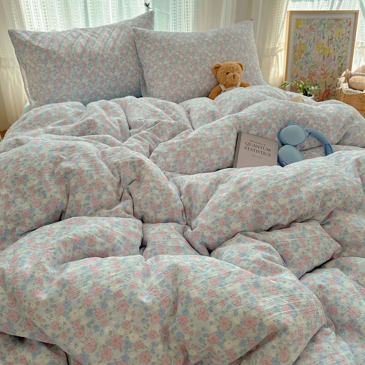 91家纺网 家纺一手货源 找家纺 金梦拉家纺 2025新款加厚皱皱纱婴儿纱四件套 薄雾山茶-兰