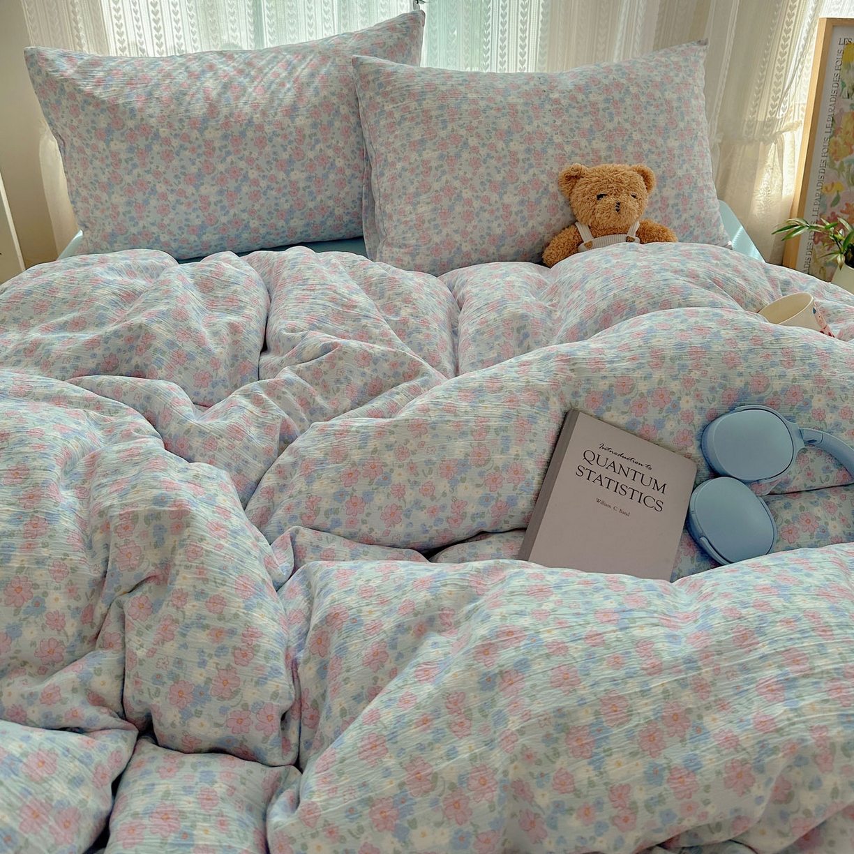 91家纺网 家纺一手货源 找家纺 金梦拉家纺 2025新款加厚皱皱纱婴儿纱四件套 薄雾山茶-兰