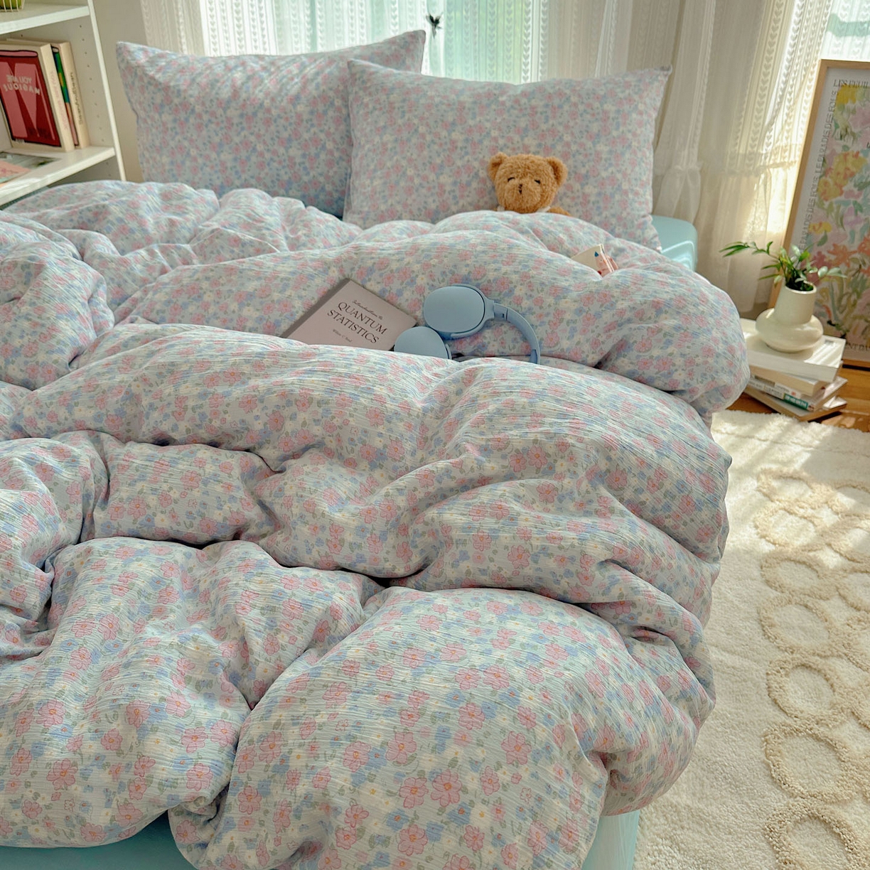 91家纺网 家纺一手货源 找家纺 金梦拉家纺 2025新款加厚皱皱纱婴儿纱四件套 薄雾山茶-兰