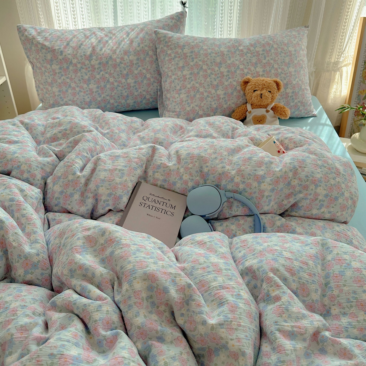 91家纺网 家纺一手货源 找家纺 金梦拉家纺 2025新款加厚皱皱纱婴儿纱四件套 薄雾山茶-兰