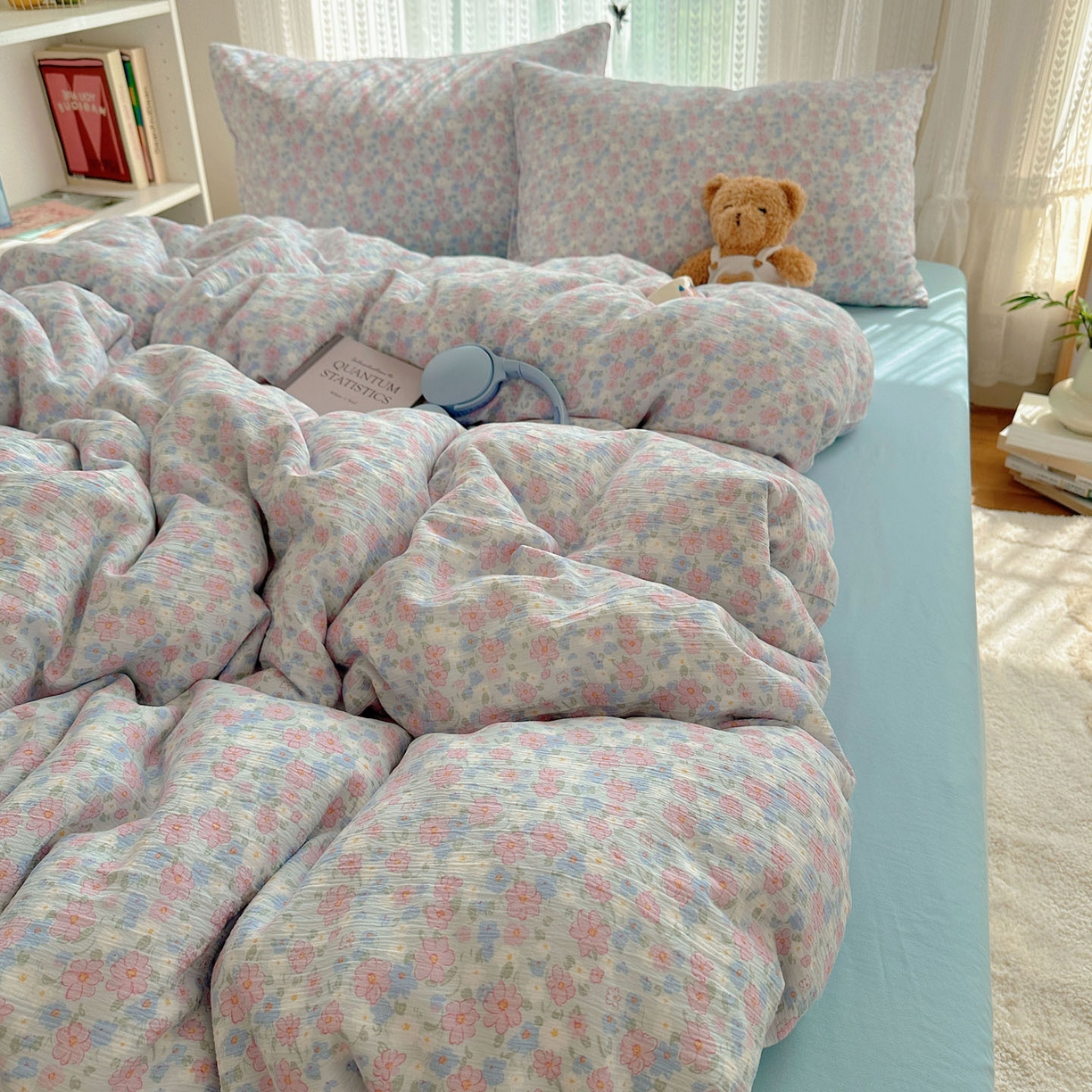 91家纺网 家纺一手货源 找家纺 金梦拉家纺 2025新款加厚皱皱纱婴儿纱四件套 薄雾山茶-兰