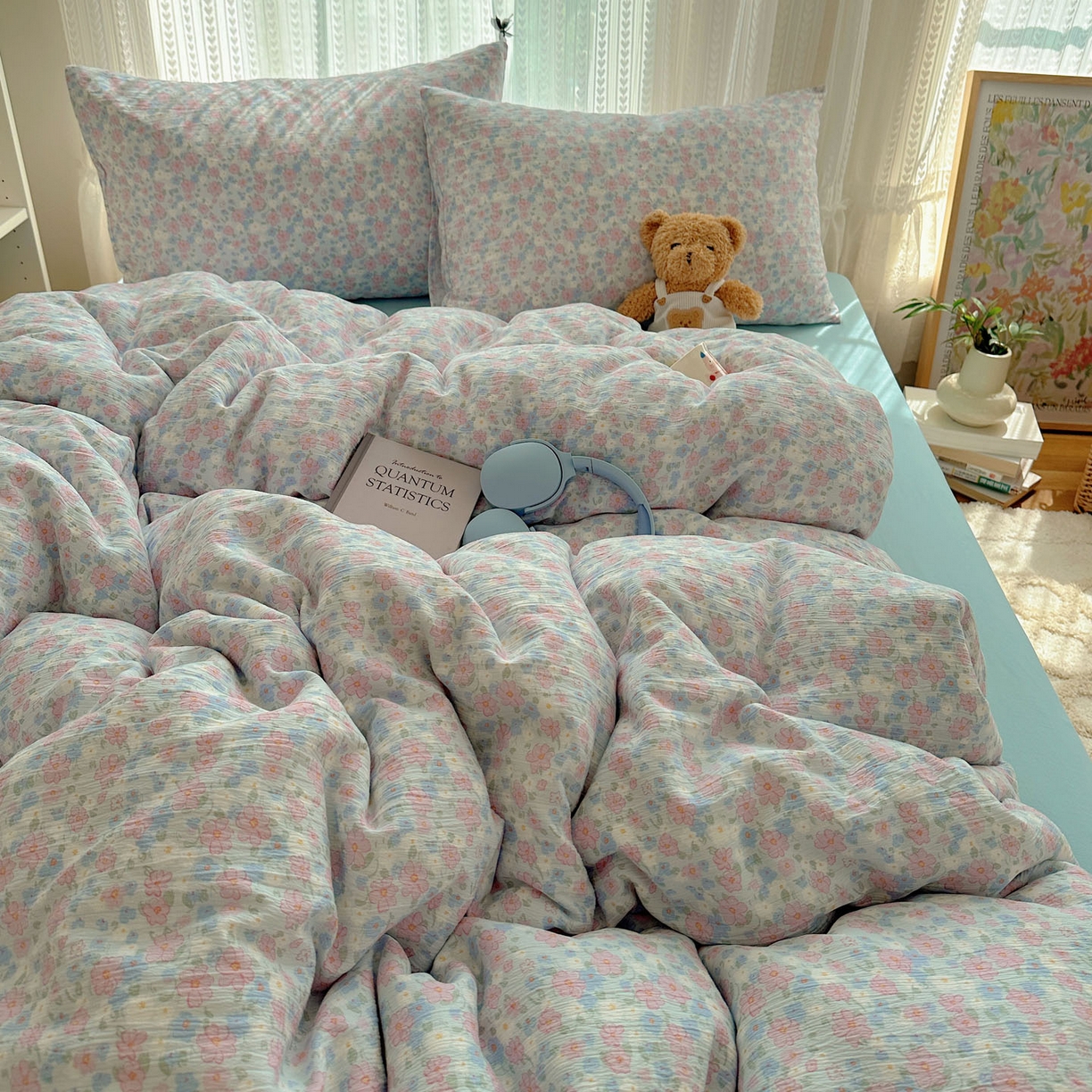 91家纺网 家纺一手货源 找家纺 金梦拉家纺 2025新款加厚皱皱纱婴儿纱四件套 薄雾山茶-兰