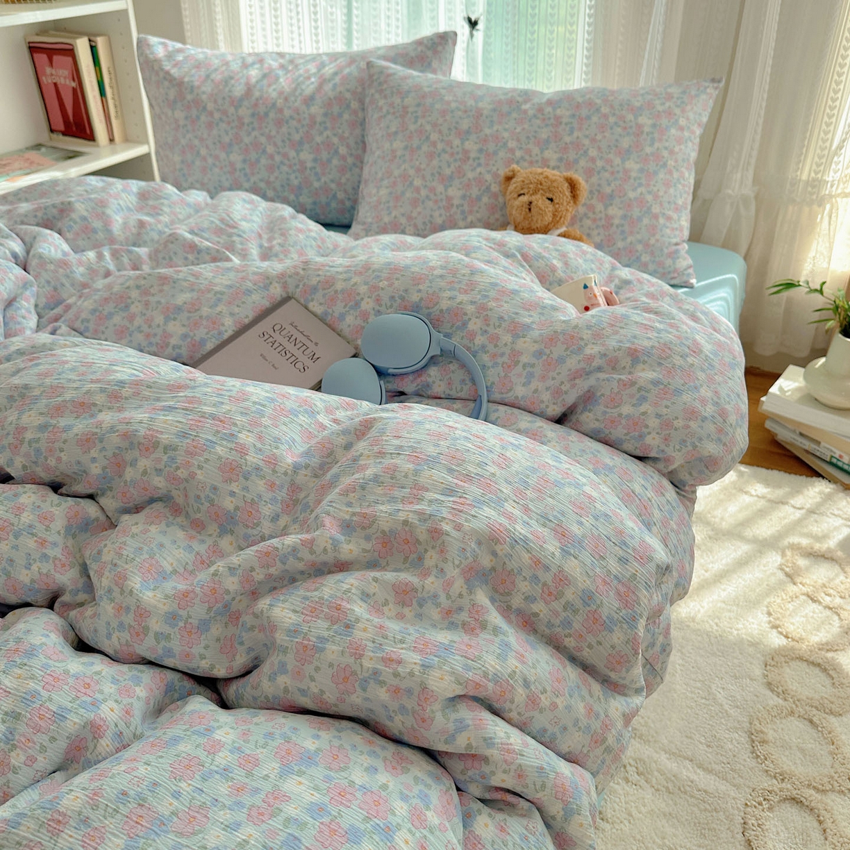 91家纺网 家纺一手货源 找家纺 金梦拉家纺 2025新款加厚皱皱纱婴儿纱四件套 薄雾山茶-兰