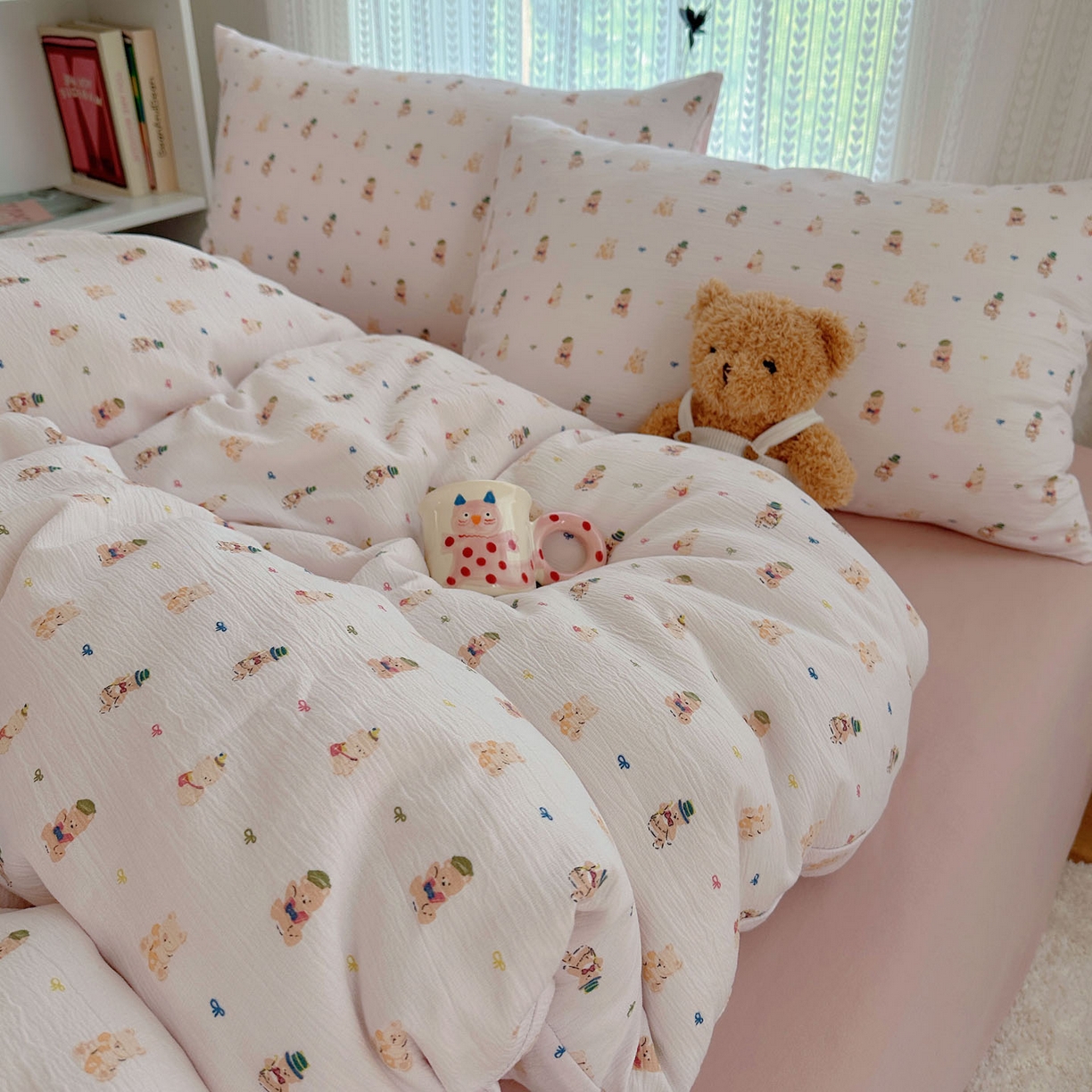 91家纺网 家纺一手货源 找家纺 金梦拉家纺 2025新款加厚皱皱纱婴儿纱四件套 小萌物