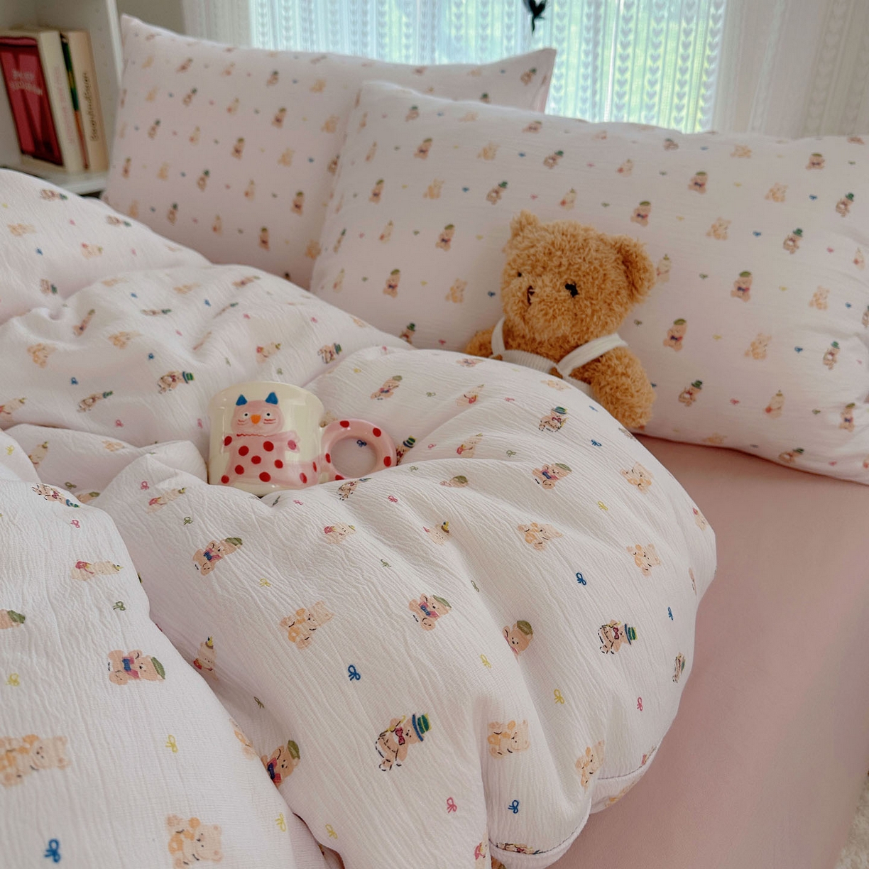 91家纺网 家纺一手货源 找家纺 金梦拉家纺 2025新款加厚皱皱纱婴儿纱四件套 小萌物