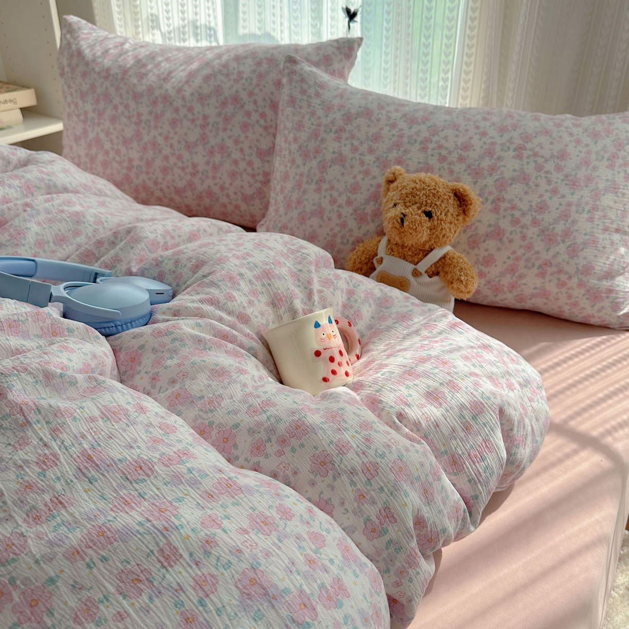 91家纺网 家纺一手货源 找家纺 金梦拉家纺 2025新款加厚皱皱纱婴儿纱四件套 薄雾山茶-粉