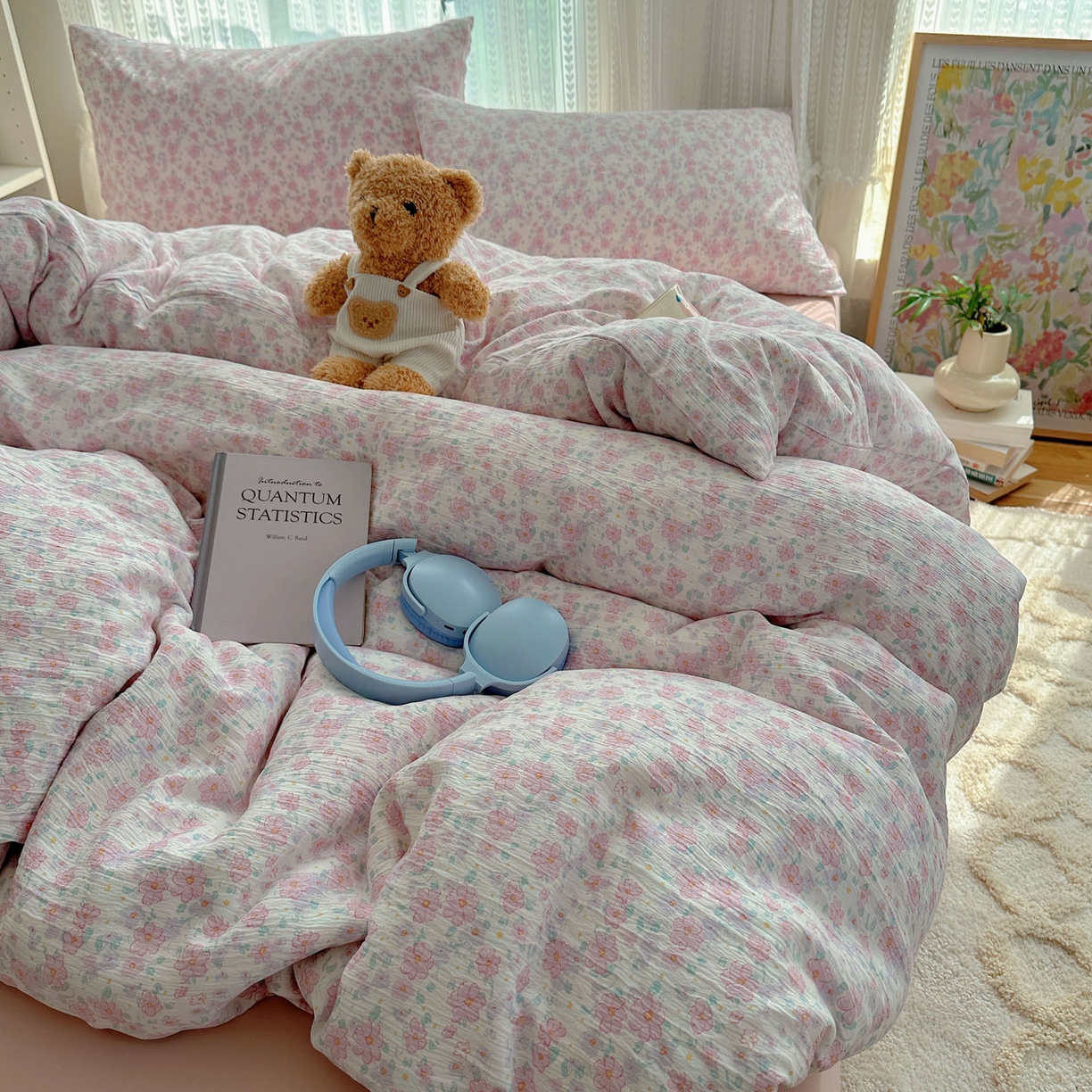 91家纺网 家纺一手货源 找家纺 金梦拉家纺 2025新款加厚皱皱纱婴儿纱四件套 薄雾山茶-粉