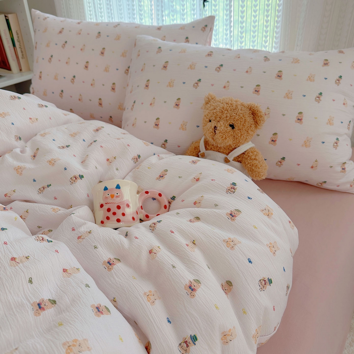 91家纺网 家纺一手货源 找家纺 金梦拉家纺 2025新款加厚皱皱纱婴儿纱四件套 小萌物