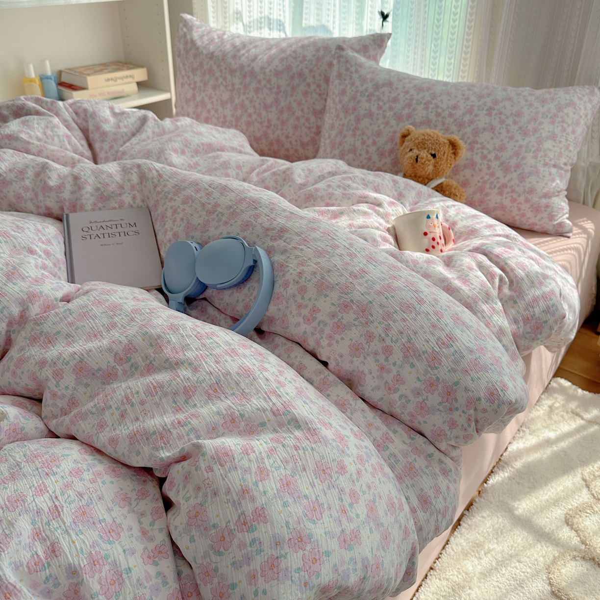 金梦拉家纺 2025新款加厚皱皱纱婴儿纱四件套 薄雾山茶-粉