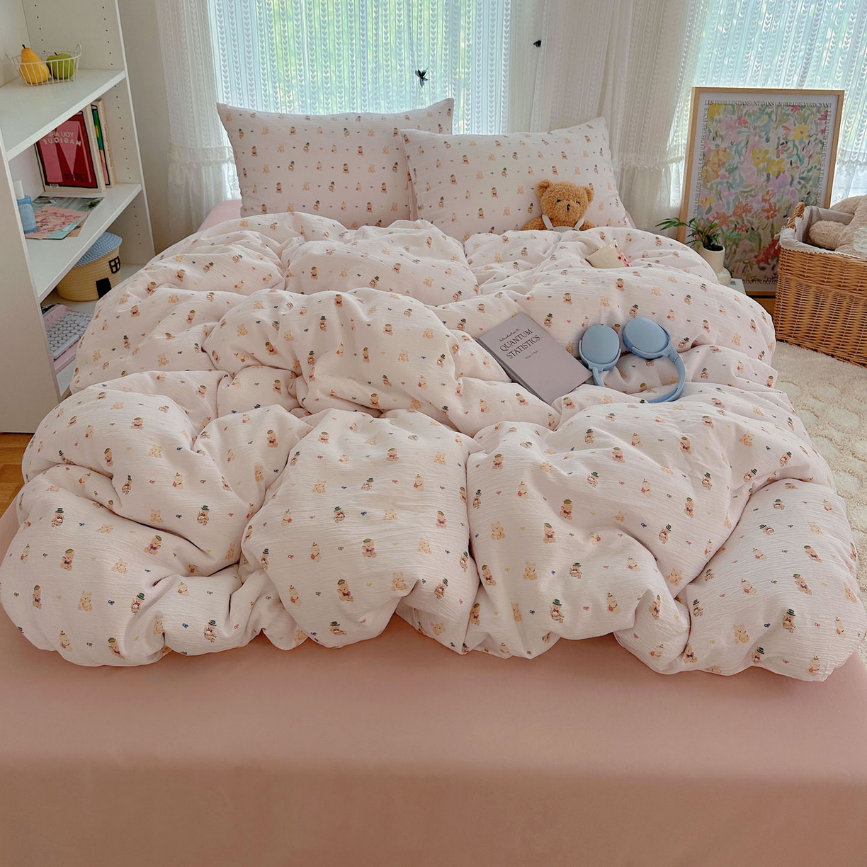 91家纺网 家纺一手货源 找家纺 金梦拉家纺 2025新款加厚皱皱纱婴儿纱四件套 小萌物