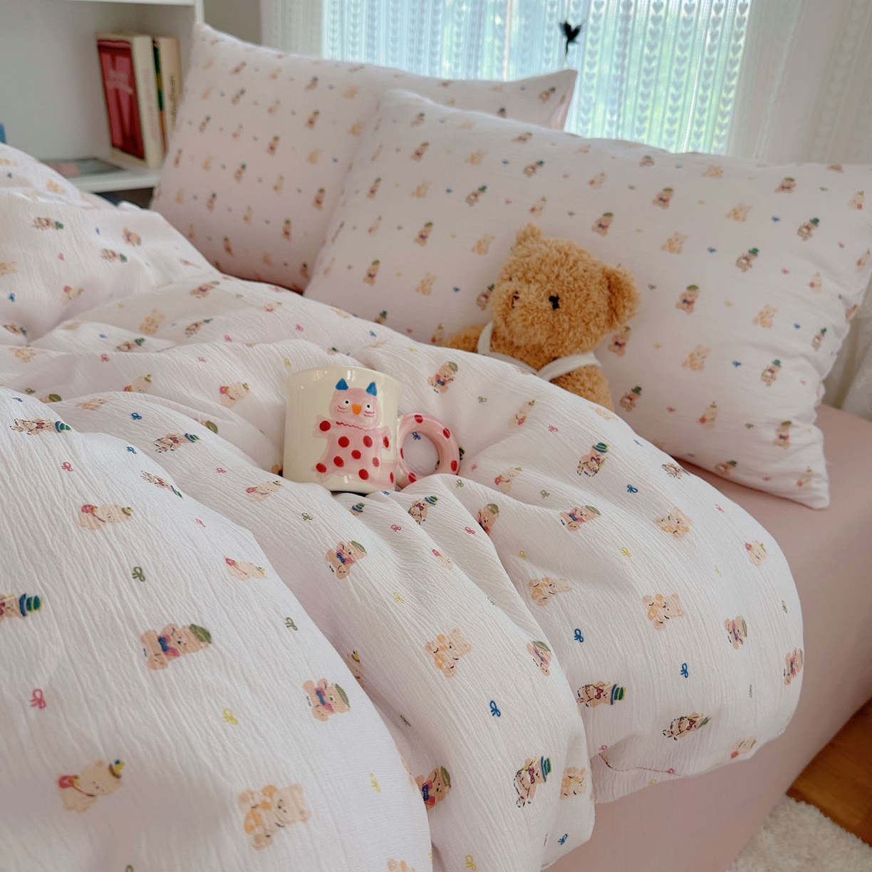 91家纺网 家纺一手货源 找家纺 金梦拉家纺 2025新款加厚皱皱纱婴儿纱四件套 小萌物