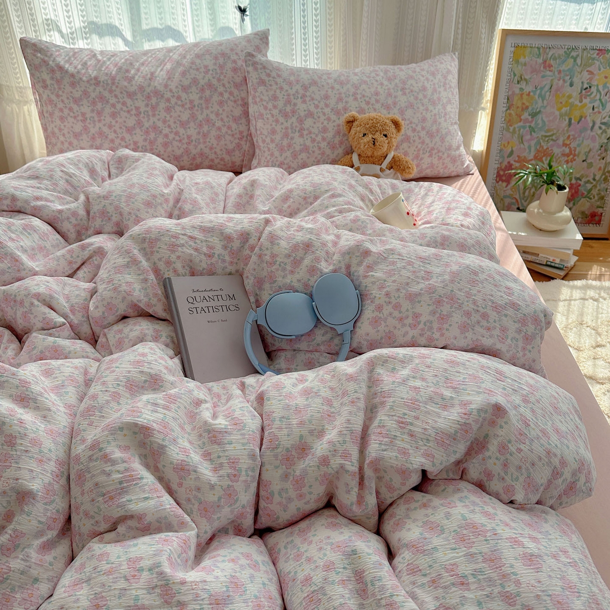 91家纺网 家纺一手货源 找家纺 金梦拉家纺 2025新款加厚皱皱纱婴儿纱四件套 薄雾山茶-粉