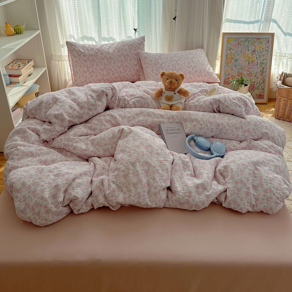 91家纺网 家纺一手货源 找家纺 金梦拉家纺 2025新款加厚皱皱纱婴儿纱四件套 薄雾山茶-粉