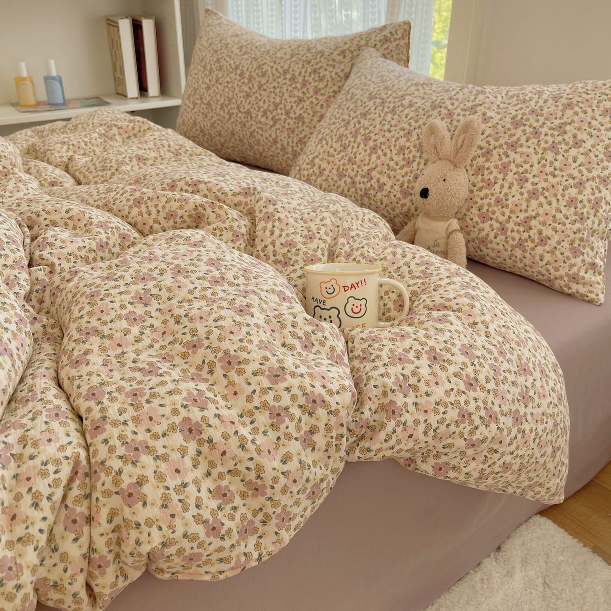 91家纺网 家纺一手货源 找家纺 金梦拉家纺 2025新款加厚皱皱纱婴儿纱四件套 海棠花颂