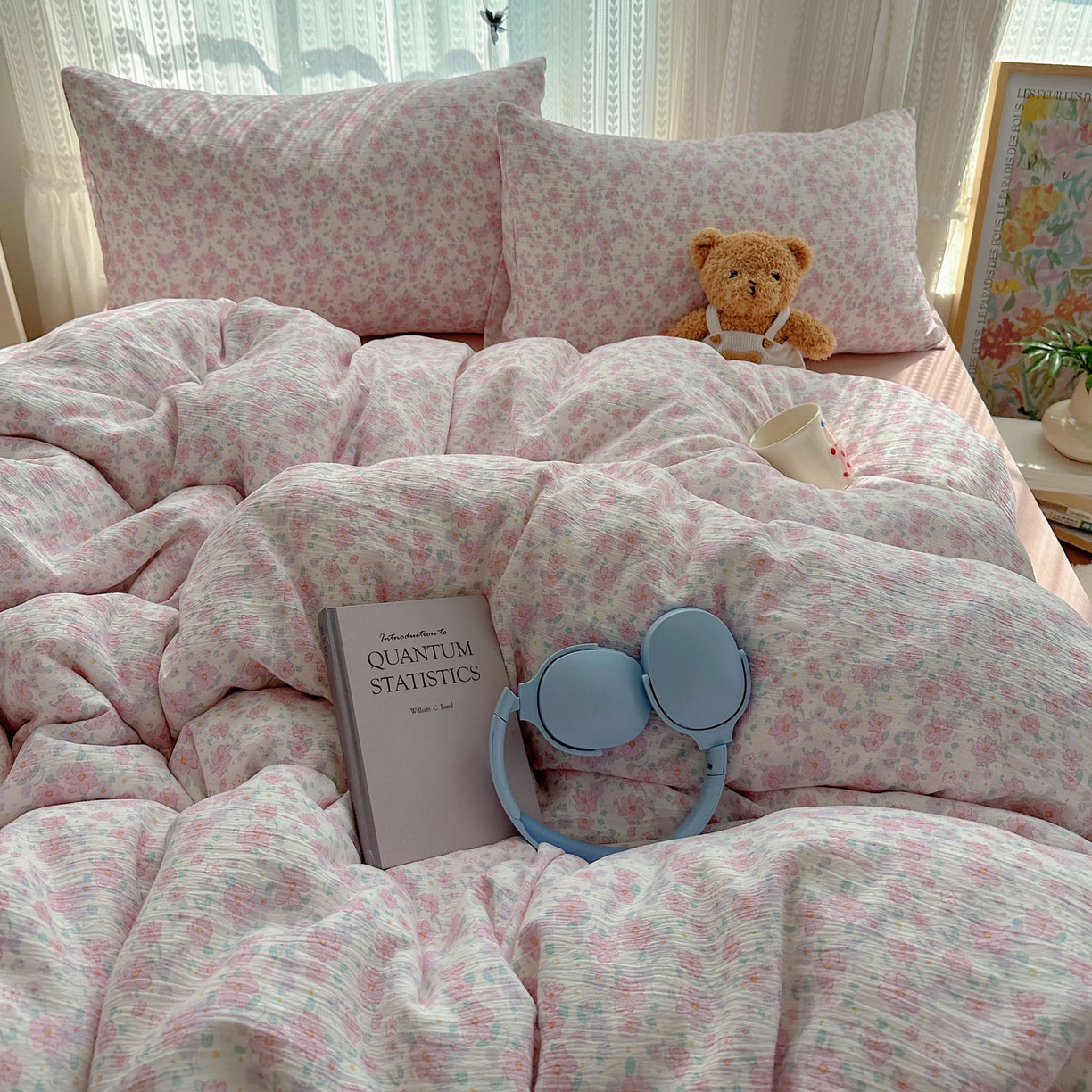 91家纺网 家纺一手货源 找家纺 金梦拉家纺 2025新款加厚皱皱纱婴儿纱四件套 薄雾山茶-粉