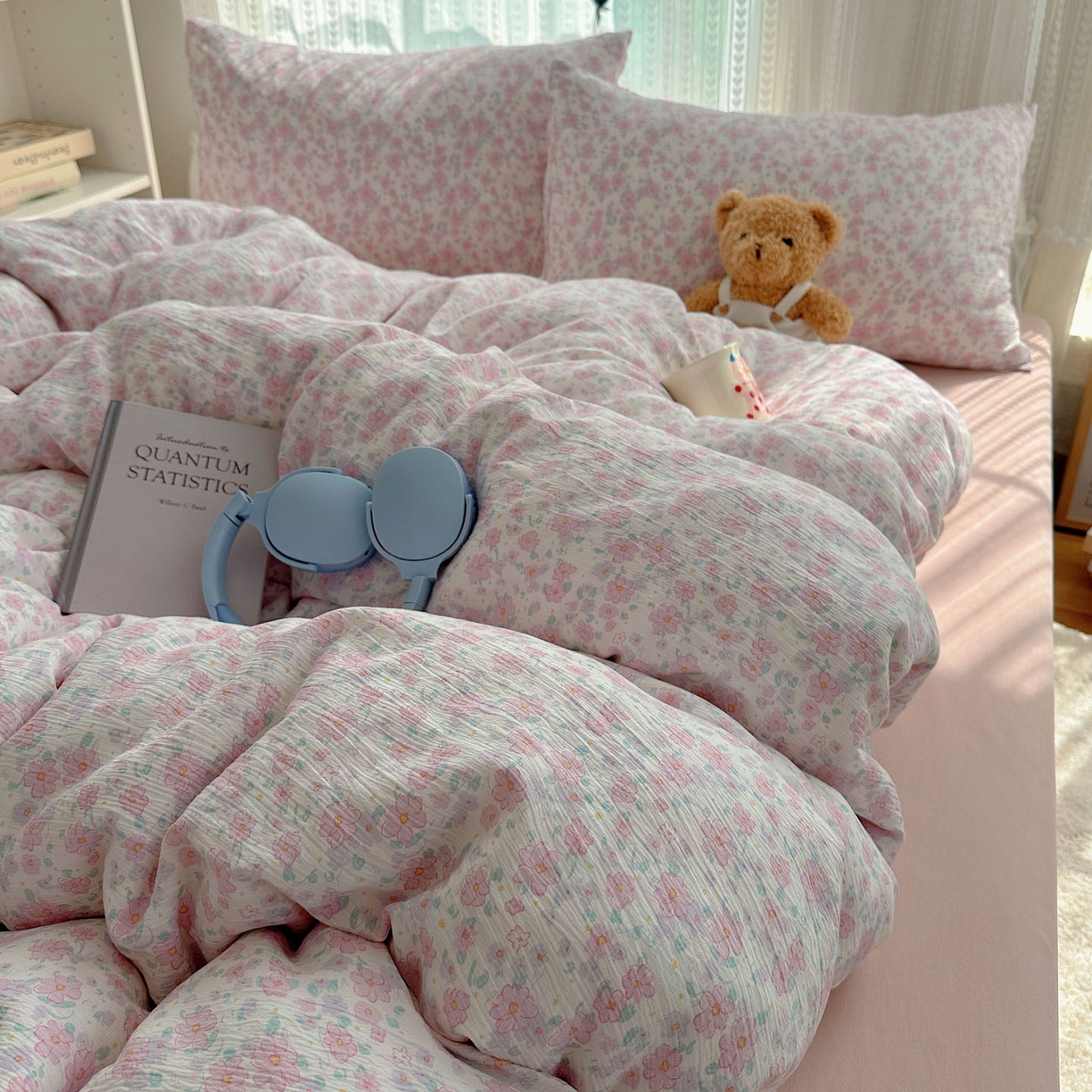 91家纺网 家纺一手货源 找家纺 金梦拉家纺 2025新款加厚皱皱纱婴儿纱四件套 薄雾山茶-粉