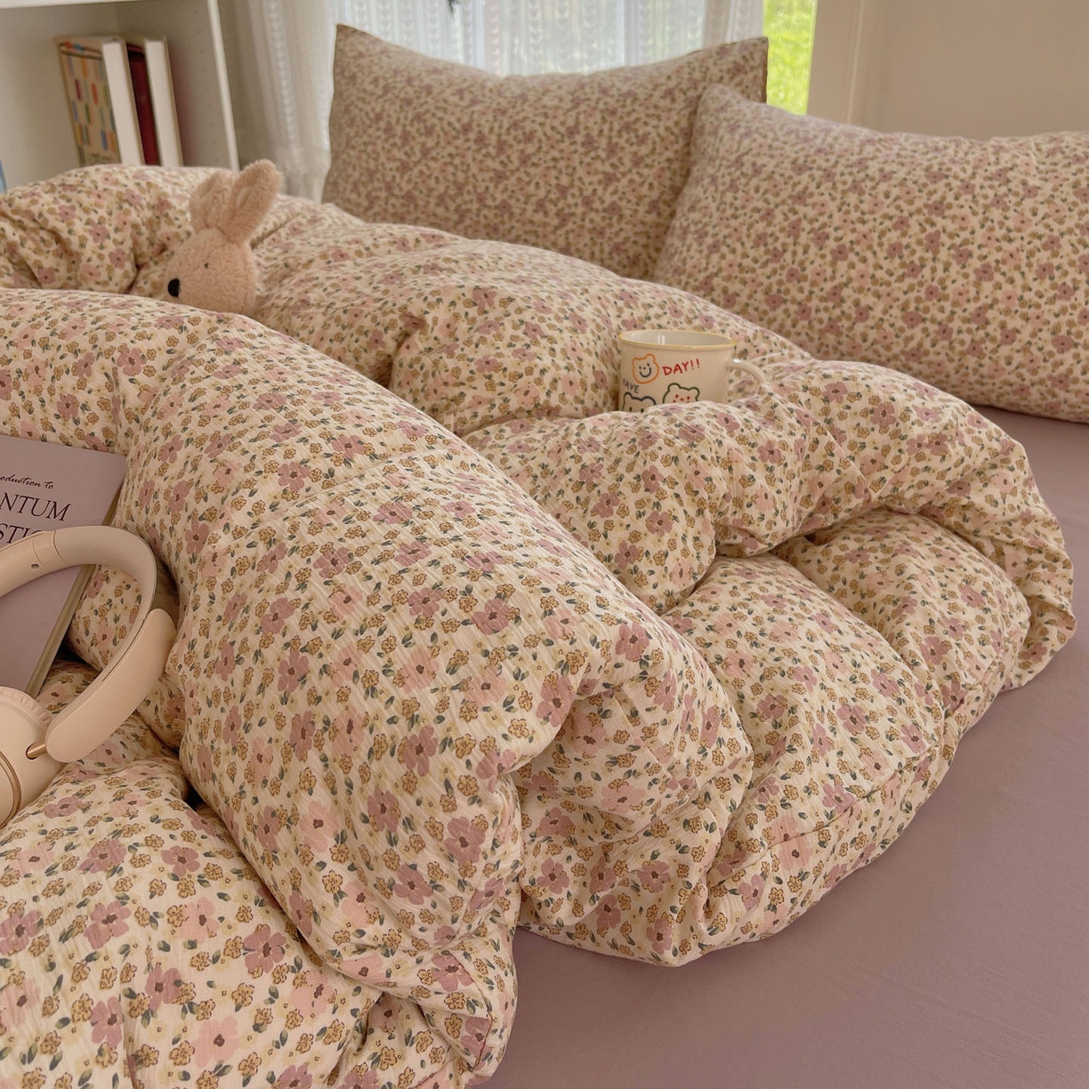 91家纺网 家纺一手货源 找家纺 金梦拉家纺 2025新款加厚皱皱纱婴儿纱四件套 海棠花颂