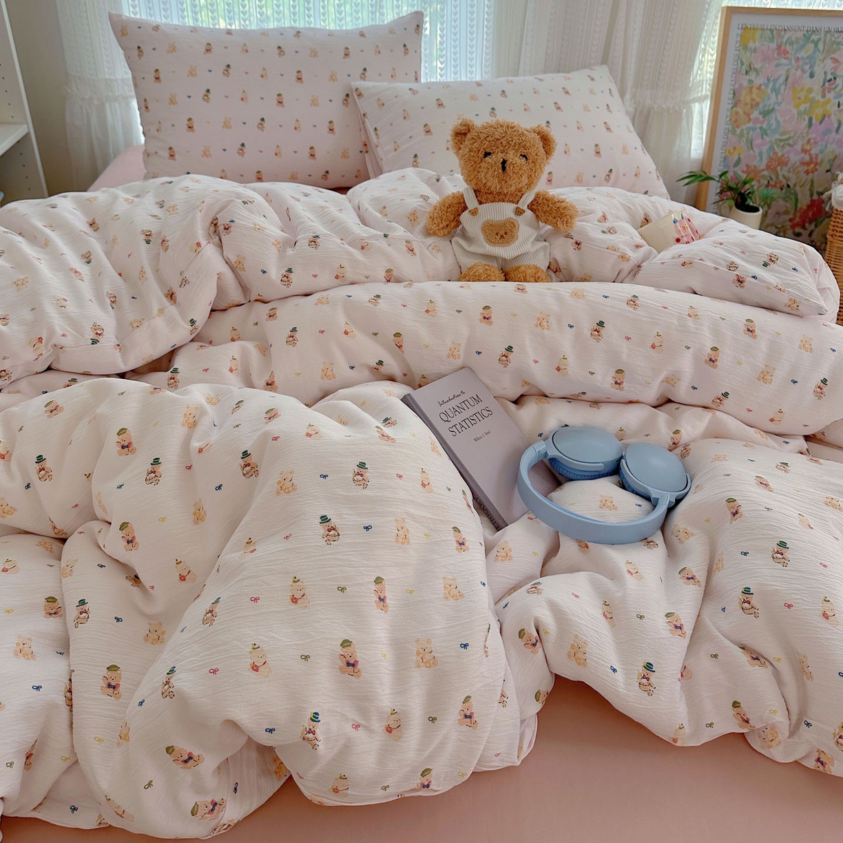 91家纺网 家纺一手货源 找家纺 金梦拉家纺 2025新款加厚皱皱纱婴儿纱四件套 小萌物