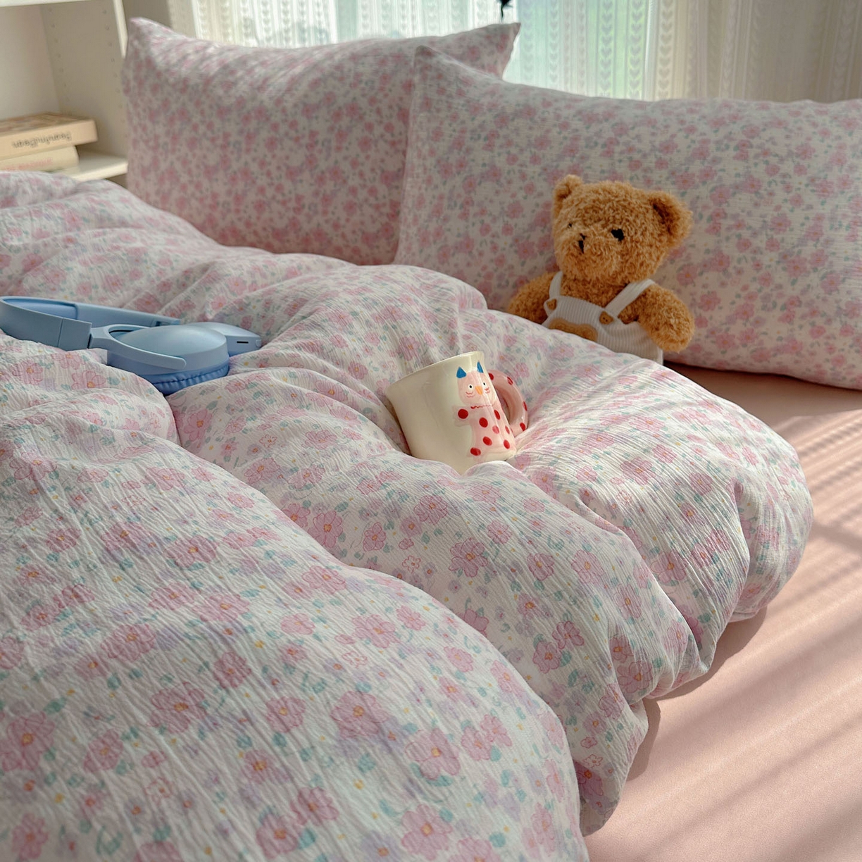 91家纺网 家纺一手货源 找家纺 金梦拉家纺 2025新款加厚皱皱纱婴儿纱四件套 薄雾山茶-粉