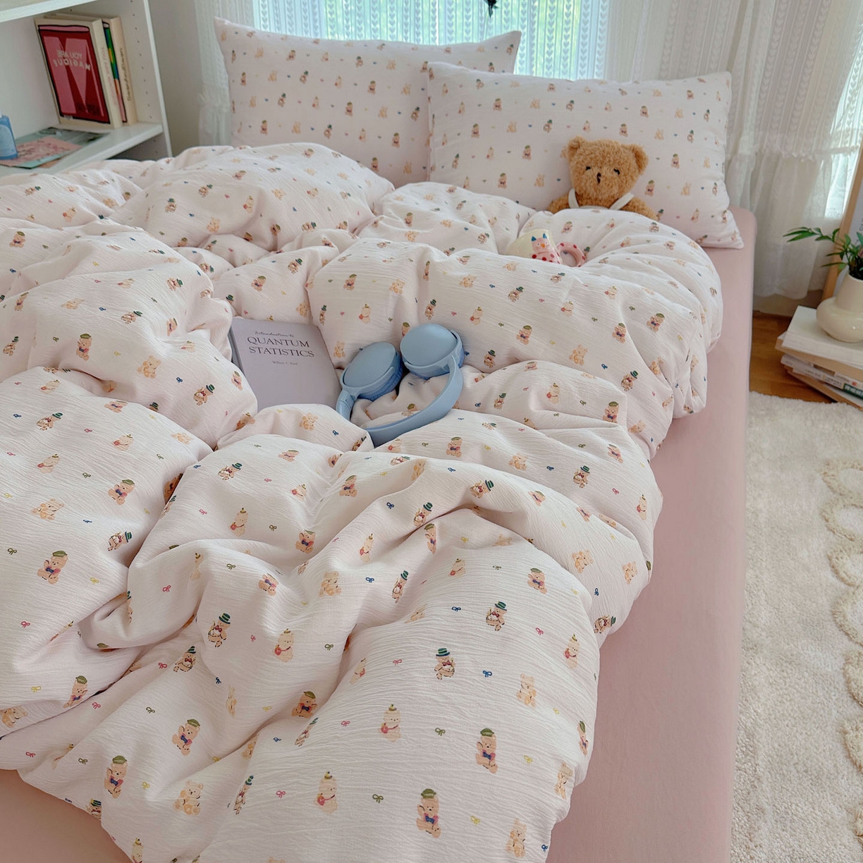 91家纺网 家纺一手货源 找家纺 金梦拉家纺 2025新款加厚皱皱纱婴儿纱四件套 小萌物