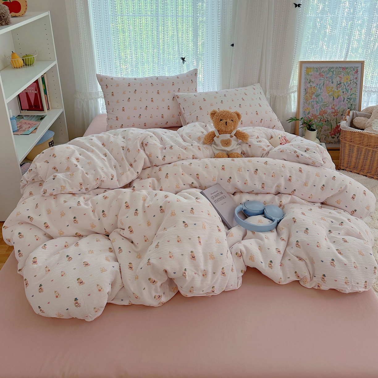 91家纺网 家纺一手货源 找家纺 金梦拉家纺 2025新款加厚皱皱纱婴儿纱四件套 小萌物