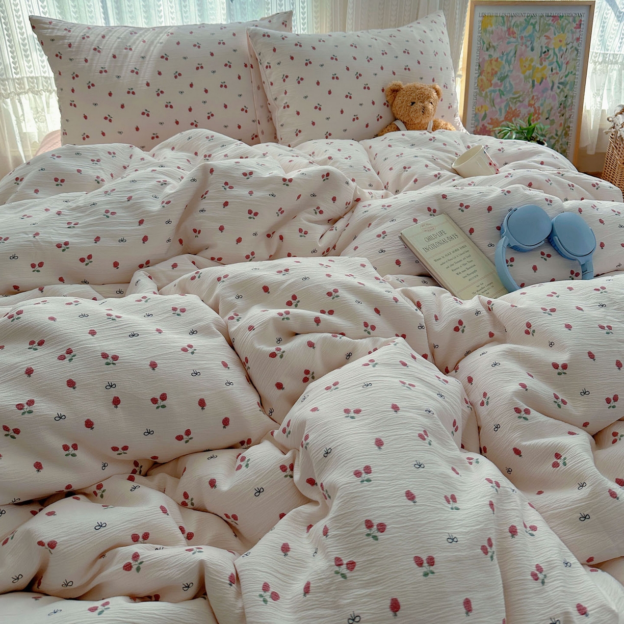 91家纺网 家纺一手货源 找家纺 金梦拉家纺 2025新款加厚皱皱纱婴儿纱四件套 奶油草莓