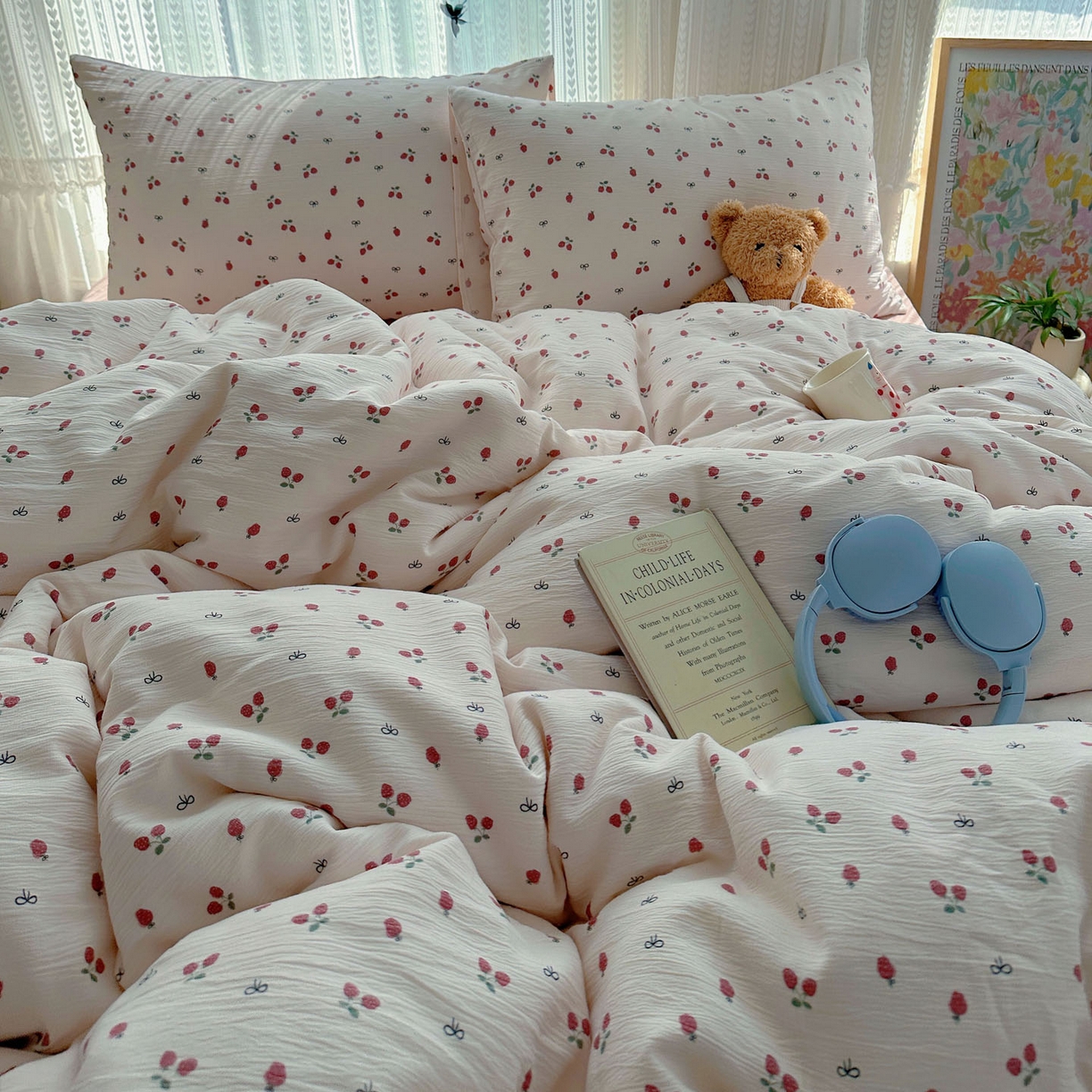 91家纺网 家纺一手货源 找家纺 金梦拉家纺 2025新款加厚皱皱纱婴儿纱四件套 奶油草莓