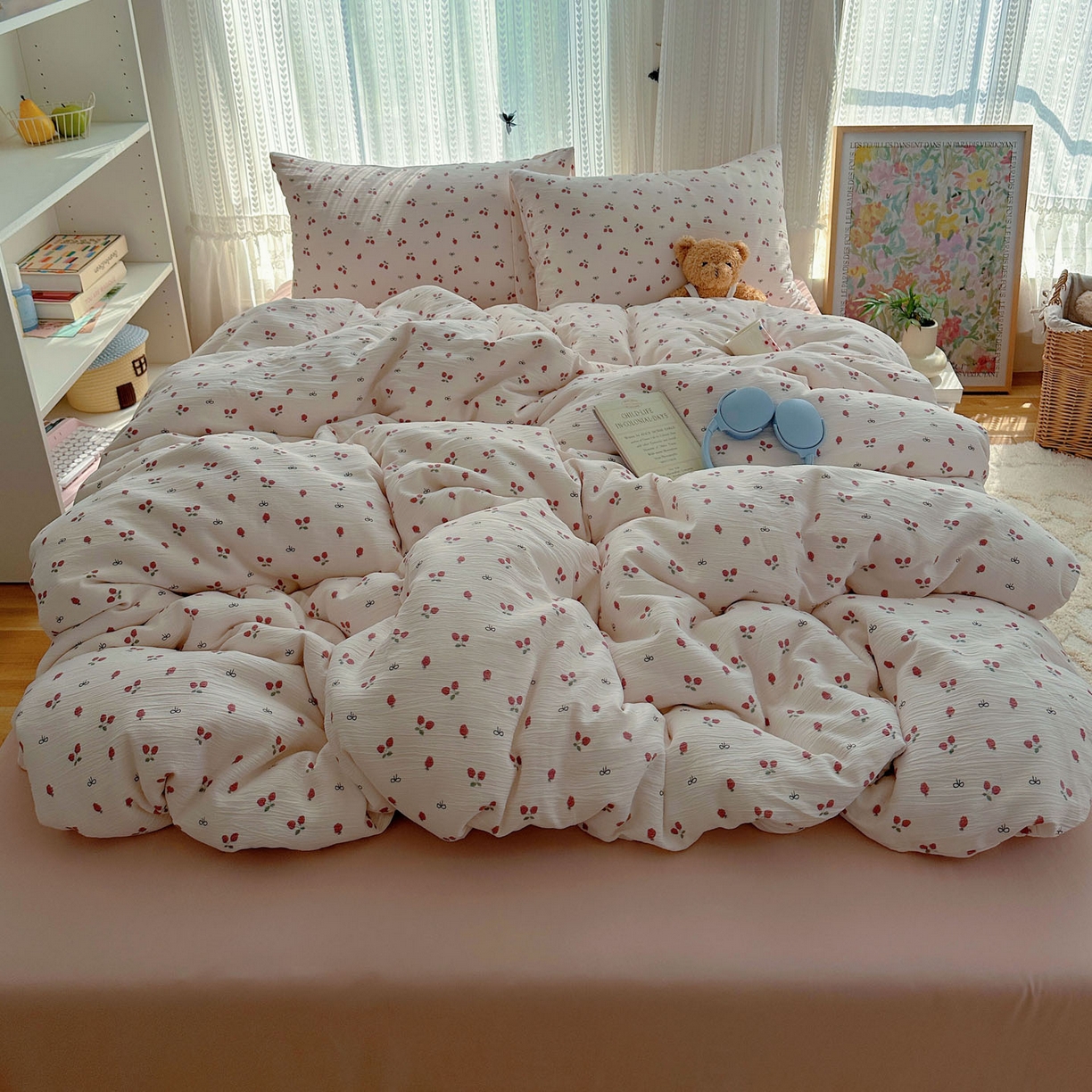 91家纺网 家纺一手货源 找家纺 金梦拉家纺 2025新款加厚皱皱纱婴儿纱四件套 奶油草莓