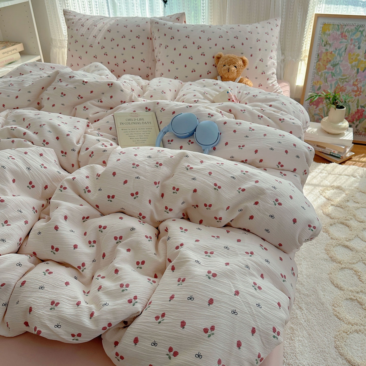 91家纺网 家纺一手货源 找家纺 金梦拉家纺 2025新款加厚皱皱纱婴儿纱四件套 奶油草莓