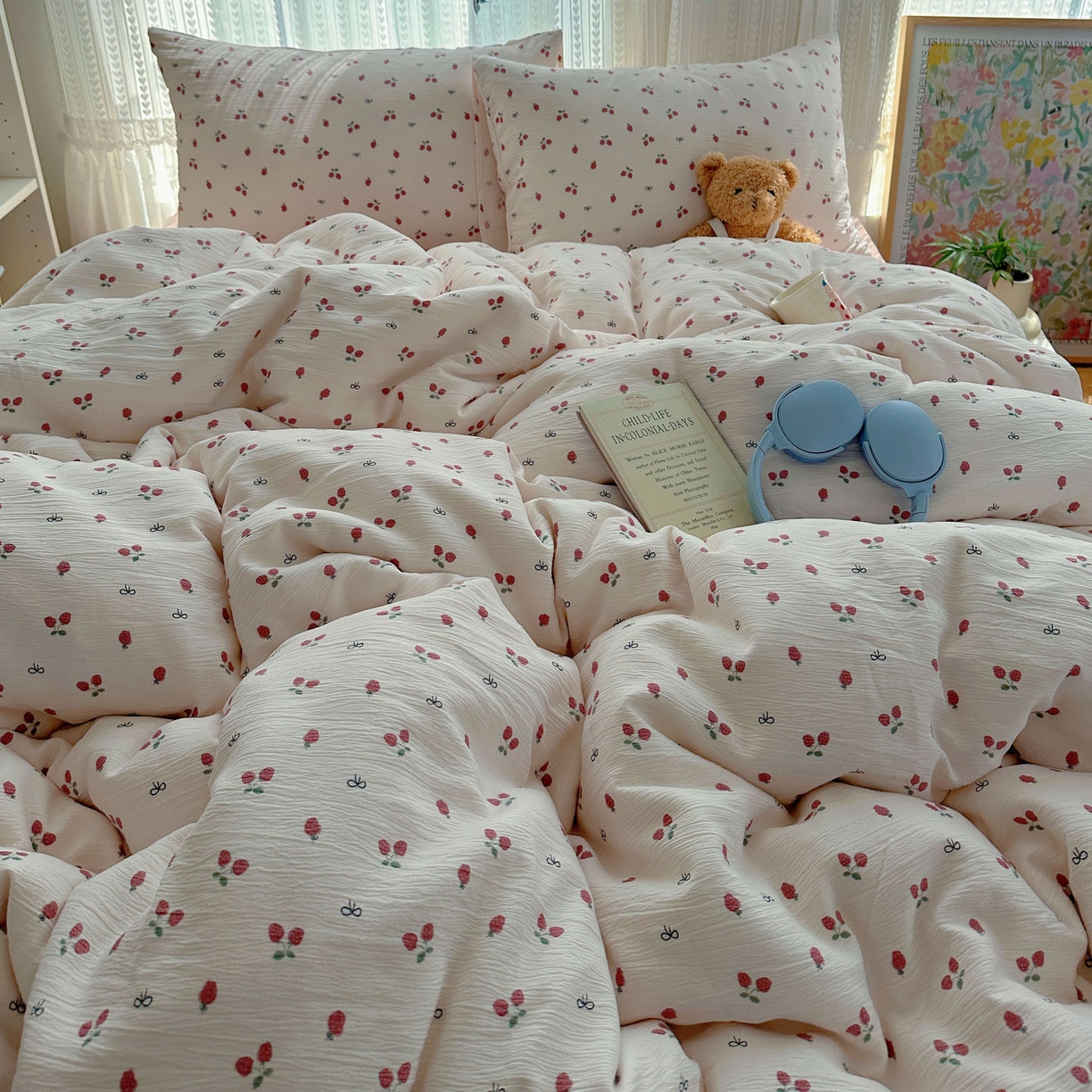 91家纺网 家纺一手货源 找家纺 金梦拉家纺 2025新款加厚皱皱纱婴儿纱四件套 奶油草莓