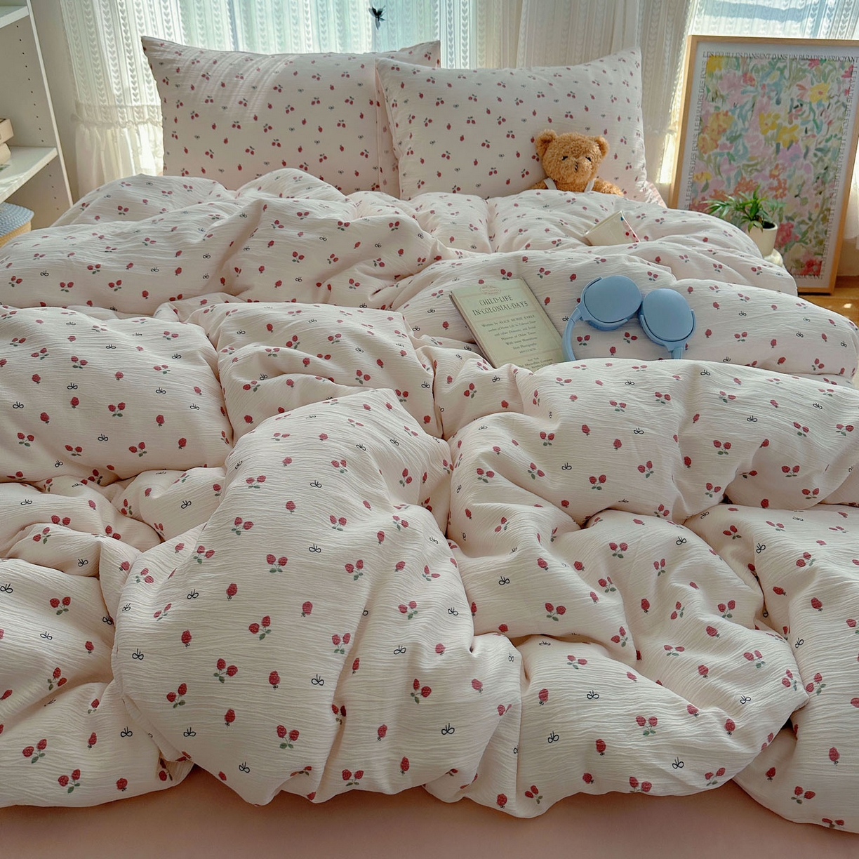 91家纺网 家纺一手货源 找家纺 金梦拉家纺 2025新款加厚皱皱纱婴儿纱四件套 奶油草莓