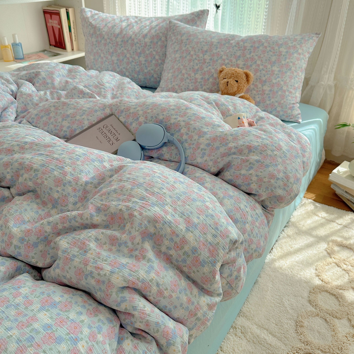 91家纺网 家纺一手货源 找家纺 金梦拉家纺 2025新款加厚皱皱纱婴儿纱四件套 薄雾山茶-兰