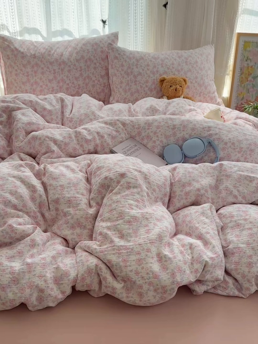 91家纺网 家纺一手货源 找家纺 金梦拉家纺 2025新款加厚皱皱纱婴儿纱四件套 薄雾山茶-粉