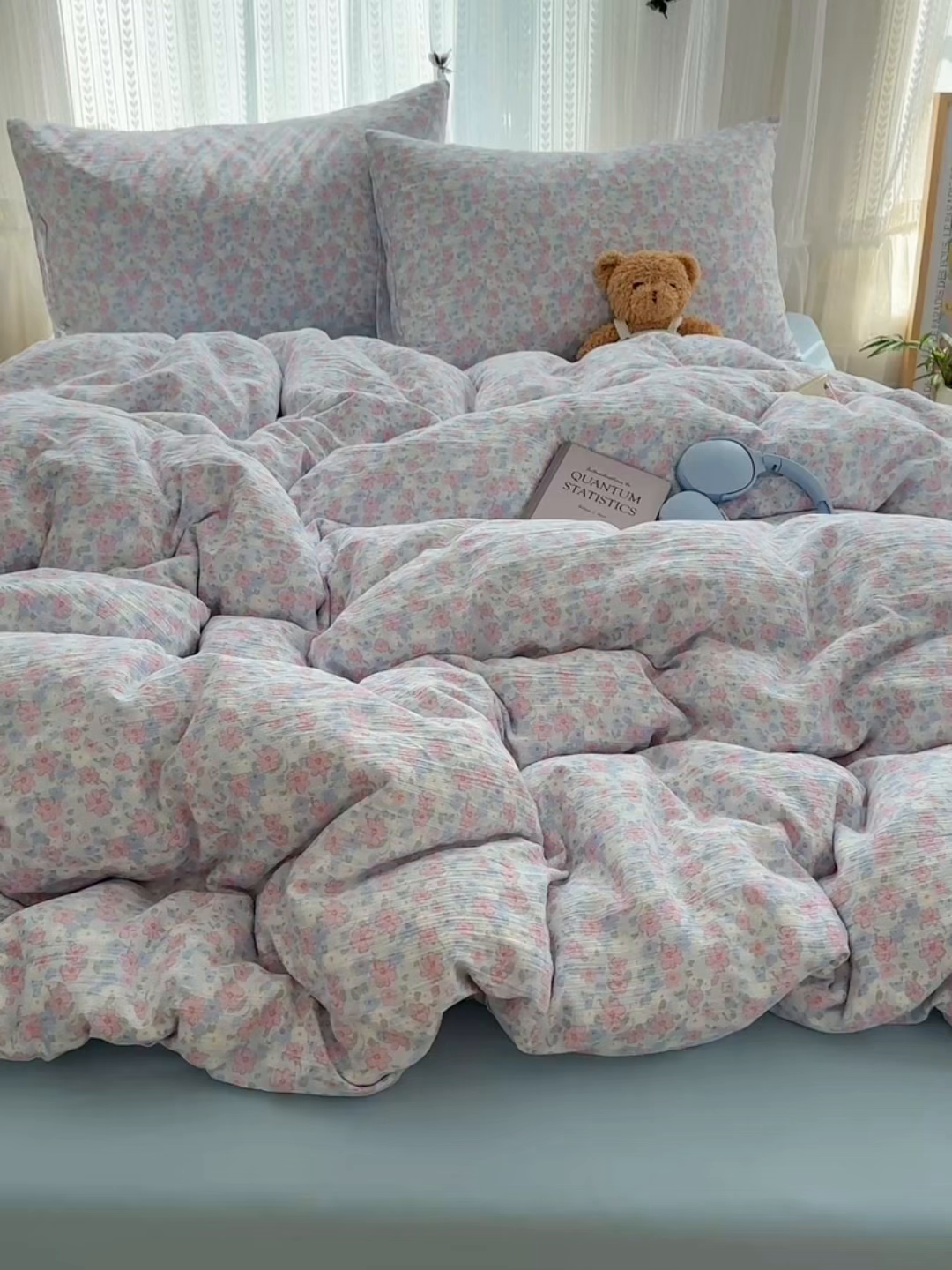 91家纺网 家纺一手货源 找家纺 金梦拉家纺 2025新款加厚皱皱纱婴儿纱四件套 薄雾山茶-兰