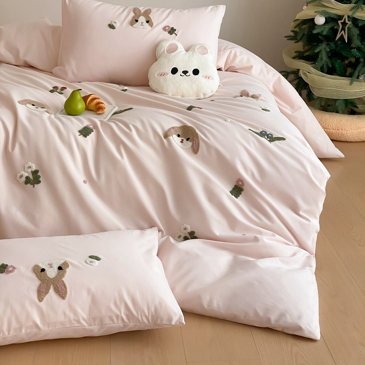 91家纺网 家纺一手货源 找家纺 星野 2025新款全棉纯棉陶瓷磨毛毛巾绣四件套 花栗兔