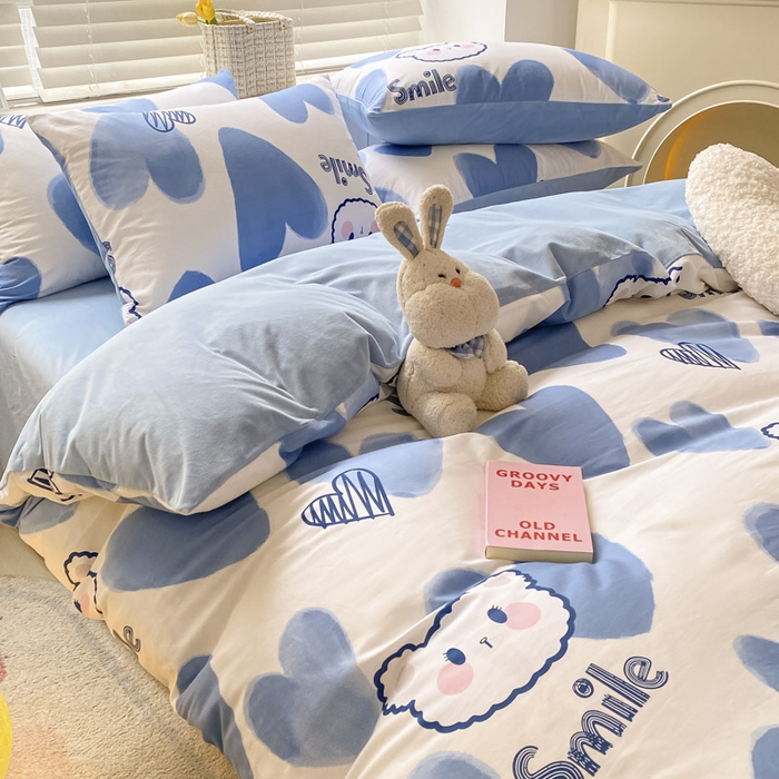 91家纺网 家纺一手货源 找家纺 晨希家居 2025A面40支全棉印花B版高克重牛奶绒棉加绒多规格套件棉加绒  蓝心小熊