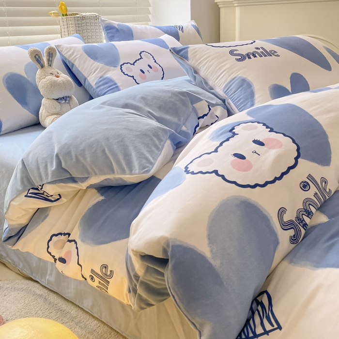 91家纺网 家纺一手货源 找家纺 晨希家居 2025A面40支全棉印花B版高克重牛奶绒棉加绒多规格套件棉加绒  蓝心小熊