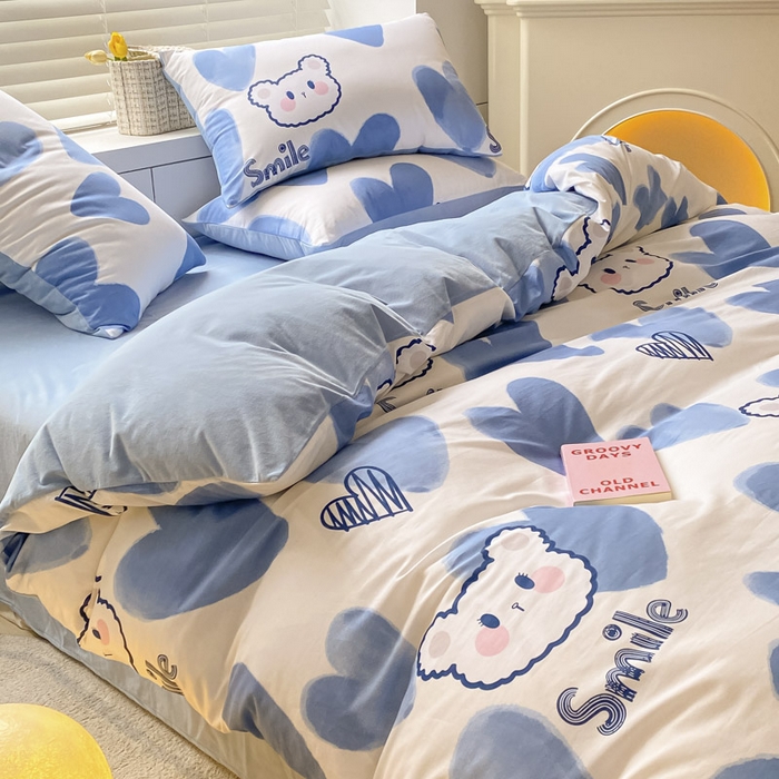 91家纺网 家纺一手货源 找家纺 晨希家居 2025A面40支全棉印花B版高克重牛奶绒棉加绒多规格套件棉加绒  蓝心小熊