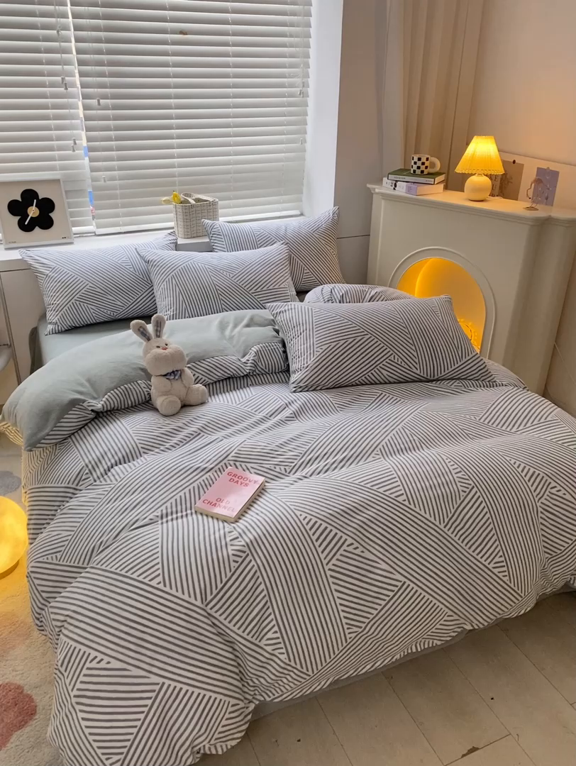 91家纺网 家纺一手货源 找家纺 晨希家居 2025A面40支全棉印花B版高克重牛奶绒棉加绒多规格套件棉加绒  侓动-灰