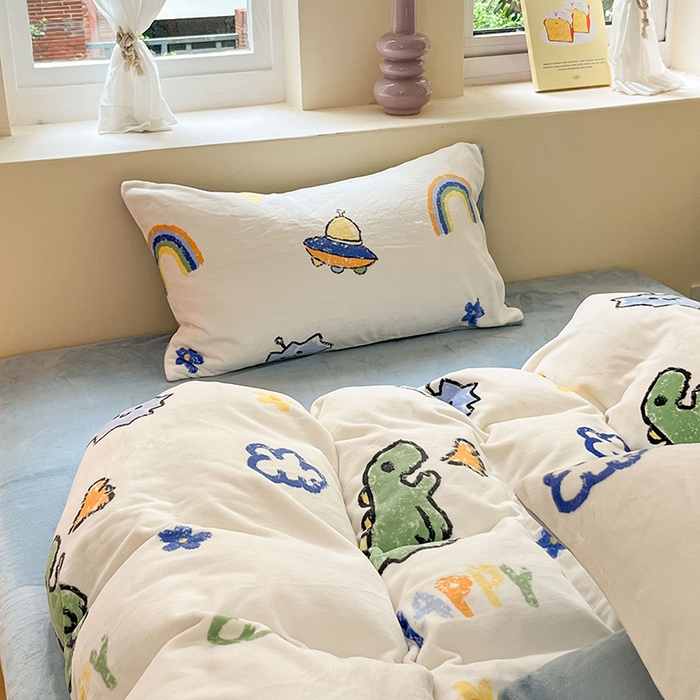 91家纺网 家纺一手货源 找家纺 雅居纺家纺 2025新款高克重牛奶绒印花四件套 开心龙