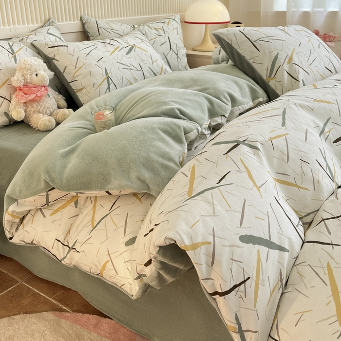 91家纺网 家纺一手货源 找家纺 晨希家居 2025A面40支全棉印花B版高克重牛奶绒棉加绒多规格套件棉加绒  浅叶竹风