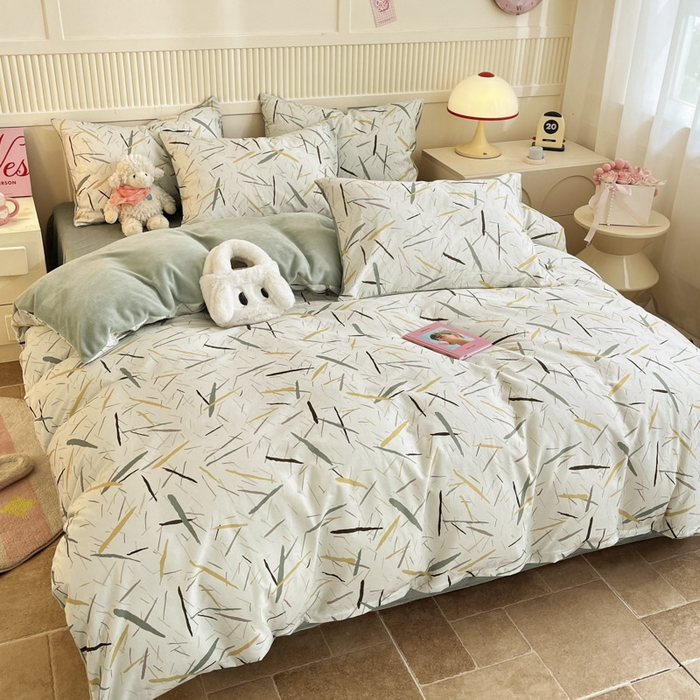 91家纺网 家纺一手货源 找家纺 晨希家居 2025A面40支全棉印花B版高克重牛奶绒棉加绒多规格套件棉加绒  浅叶竹风