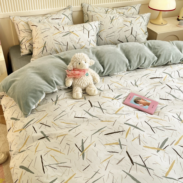 91家纺网 家纺一手货源 找家纺 晨希家居 2025A面40支全棉印花B版高克重牛奶绒棉加绒多规格套件棉加绒  浅叶竹风