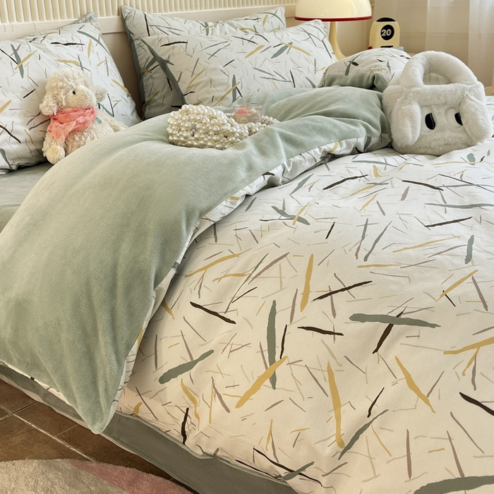 91家纺网 家纺一手货源 找家纺 晨希家居 2025A面40支全棉印花B版高克重牛奶绒棉加绒多规格套件棉加绒  浅叶竹风