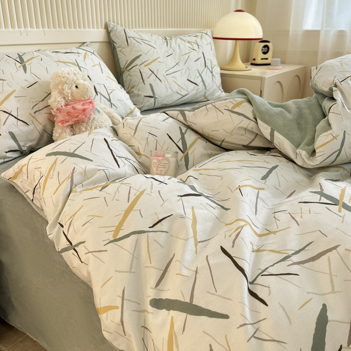 91家纺网 家纺一手货源 找家纺 晨希家居 2025A面40支全棉印花B版高克重牛奶绒棉加绒多规格套件棉加绒  浅叶竹风