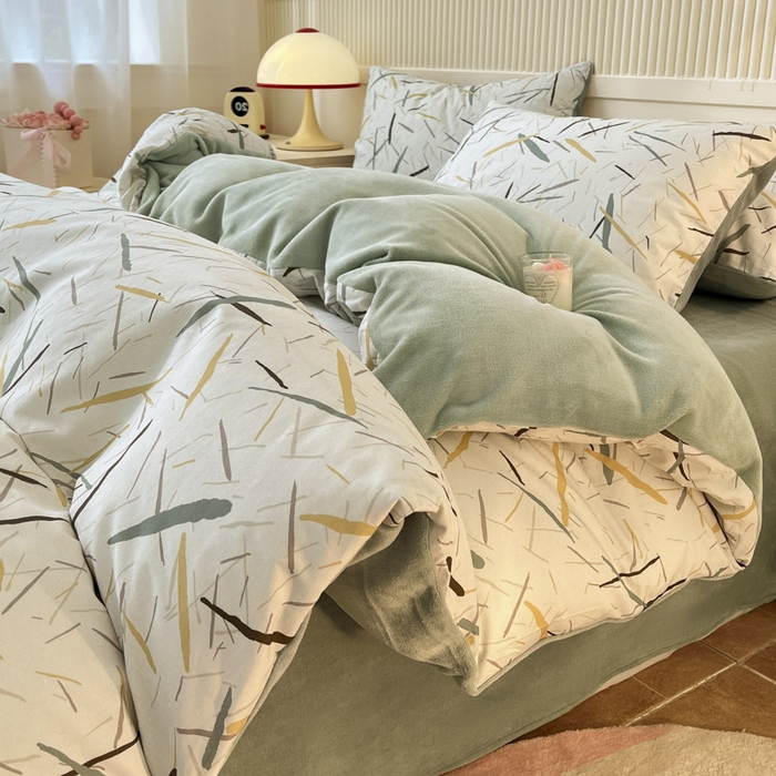 91家纺网 家纺一手货源 找家纺 晨希家居 2025A面40支全棉印花B版高克重牛奶绒棉加绒多规格套件棉加绒  浅叶竹风