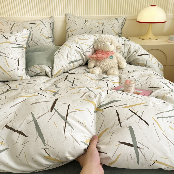 91家纺网 家纺一手货源 找家纺 晨希家居 2025A面40支全棉印花B版高克重牛奶绒棉加绒多规格套件棉加绒  浅叶竹风