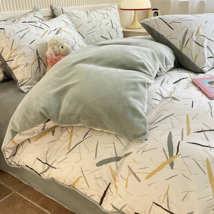 91家纺网 家纺一手货源 找家纺 晨希家居 2025A面40支全棉印花B版高克重牛奶绒棉加绒多规格套件棉加绒  浅叶竹风